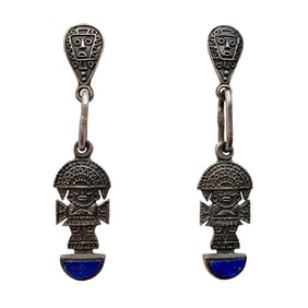 Vintage 950 Sterling Peruvian Inca Tumi God Lapis Lazuli Earrings