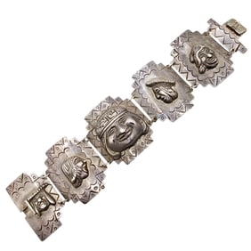 Amazing Signed 'JF' Peru Vintage Sterling Face Bracelet