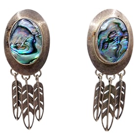 Vintage Signed Southwest Abalone Feather Sterling Earrings