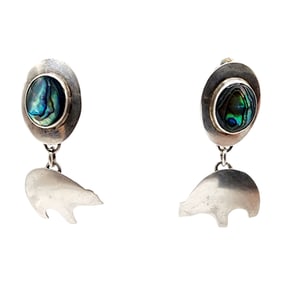 Vintage Southwest Signed Sterling Abalone Bear Earrings