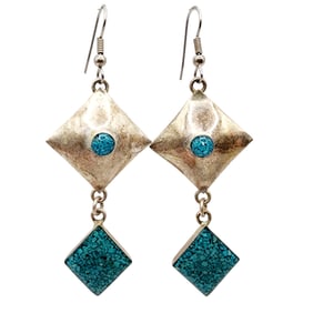 Vintage Alpaca Crushed Turquoise Dangle Earrings