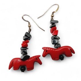 Sterling Coral Hematite Horse Fetish Earrings