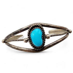 Signed 'LT' Sterling Turquoise Cuff Bracelet