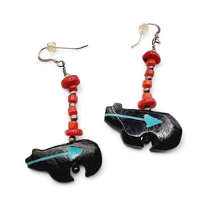 Southwestern Coral Bead Bear Fetish Earrings