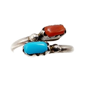 Sterling Bypass Turquoise Coral Ring Sz Adjustable