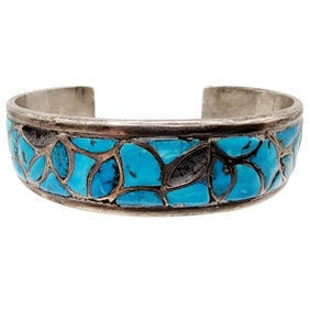 Vintage Zuni Sterling Turquoise Inlay Cuff Bracelet