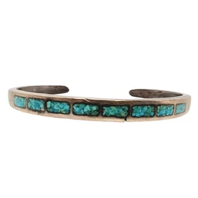 Vintage Navajo Sterling Crushed Turquoise Inlay Cuff Bracelet