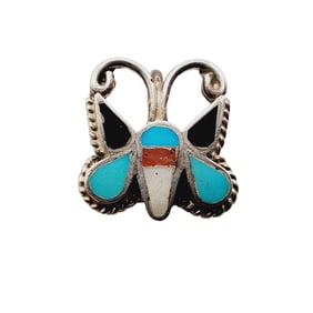 Vintage Navajo Sterling Coral Turquoise Inlay Butterfly Pendant