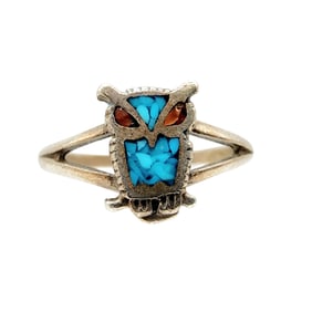 Pictosigned Vintage Inlay Owl Sterling Ring Sz 6