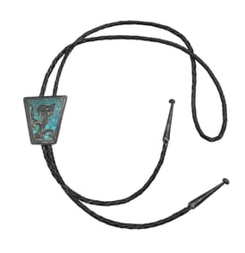 Sterling Crushed Turquoise Aztec/Myan Style Bolo Tie