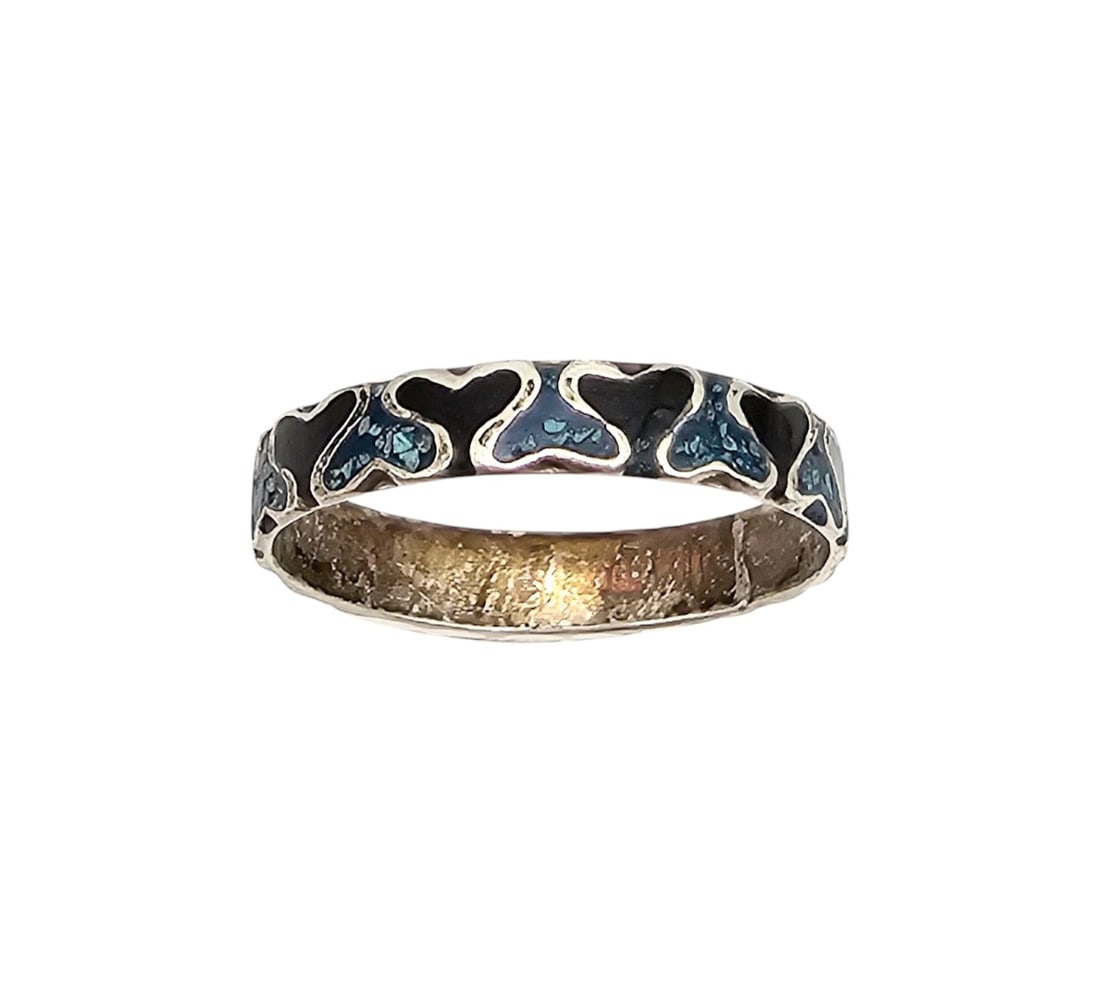 Mexico Sterling Crushed Turquoise Enamel Heart Ring Size 7.75 (1 of 4)