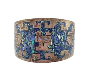 Signed HMP Mexico Sterling Aztec Style Cuff Bracelet