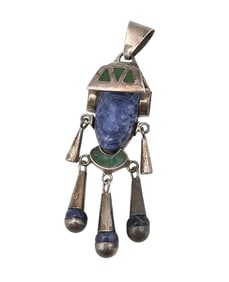 Mexico Sterling Sodalite Malachite Carved Face Aztec Style Pendant