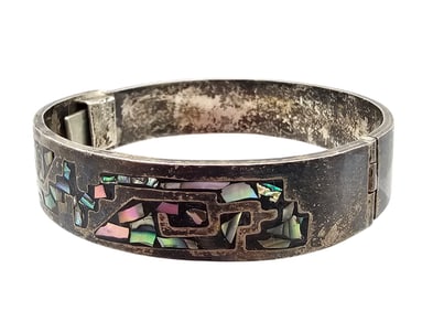Mexico Sterling Abalone Enamel Hinge Bangle Bracelet