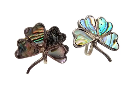Signed DE Mexico Sterling Abalone Four Leaf Clover Earrings