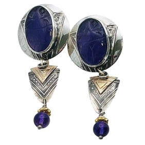 Navajo Signed 14K Gold And Sterling Carved Amethyst Stone Dangle Earrings 9.47 G