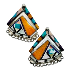 Navajo Sterling Inlaid Opal,Turquoise, Mother Of Pearl Pushback Earrings 16.89 G