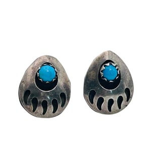 Vintage, Native Turquoise Sterling Bear Paw Stud Earrings, 1.15 G