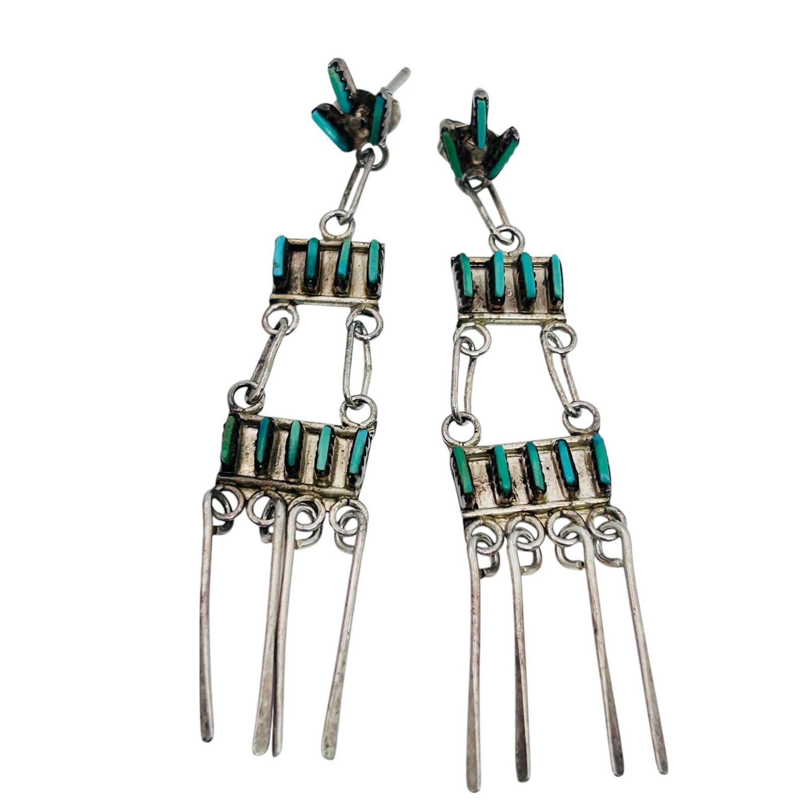 Zuni Turquoise Needlepoint Chandelier Waterfall Earrings 4.73g (1 of 9)