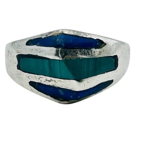 Southwest 950 Silver Inlay Malachite, Turquoise, Lapis Lazuli Sterling Ring Size 7, 3.35 G