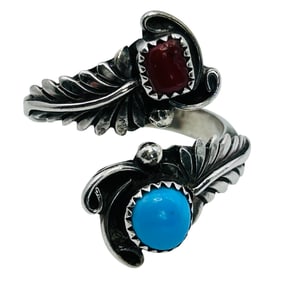 Richard Begay Navajo Sterling Turquoise And Coral Bypass Ring Size 8.5, 4.96 G