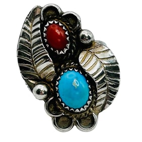 Navajo Sterling Coral Turquoise Ring Size 7, 6.38 G