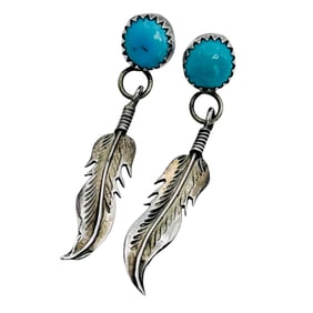 Navajo Sterling Turquoise Feather Earrings 2.85 G