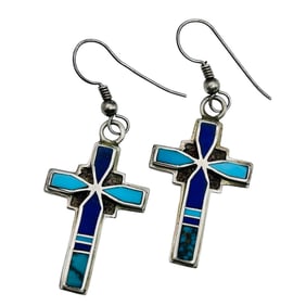 Navajo Signed K Sterling Inlay Turquoise And Lapis Lazuli Cross Earrings 7.78 G
