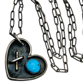 Southwest Signed Sterling Turquoise Heart And Linked Chain Necklace 9.28 G