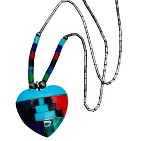 Zuni Sterling Multi Stone Heart Bar Bead Necklace 4.63 G