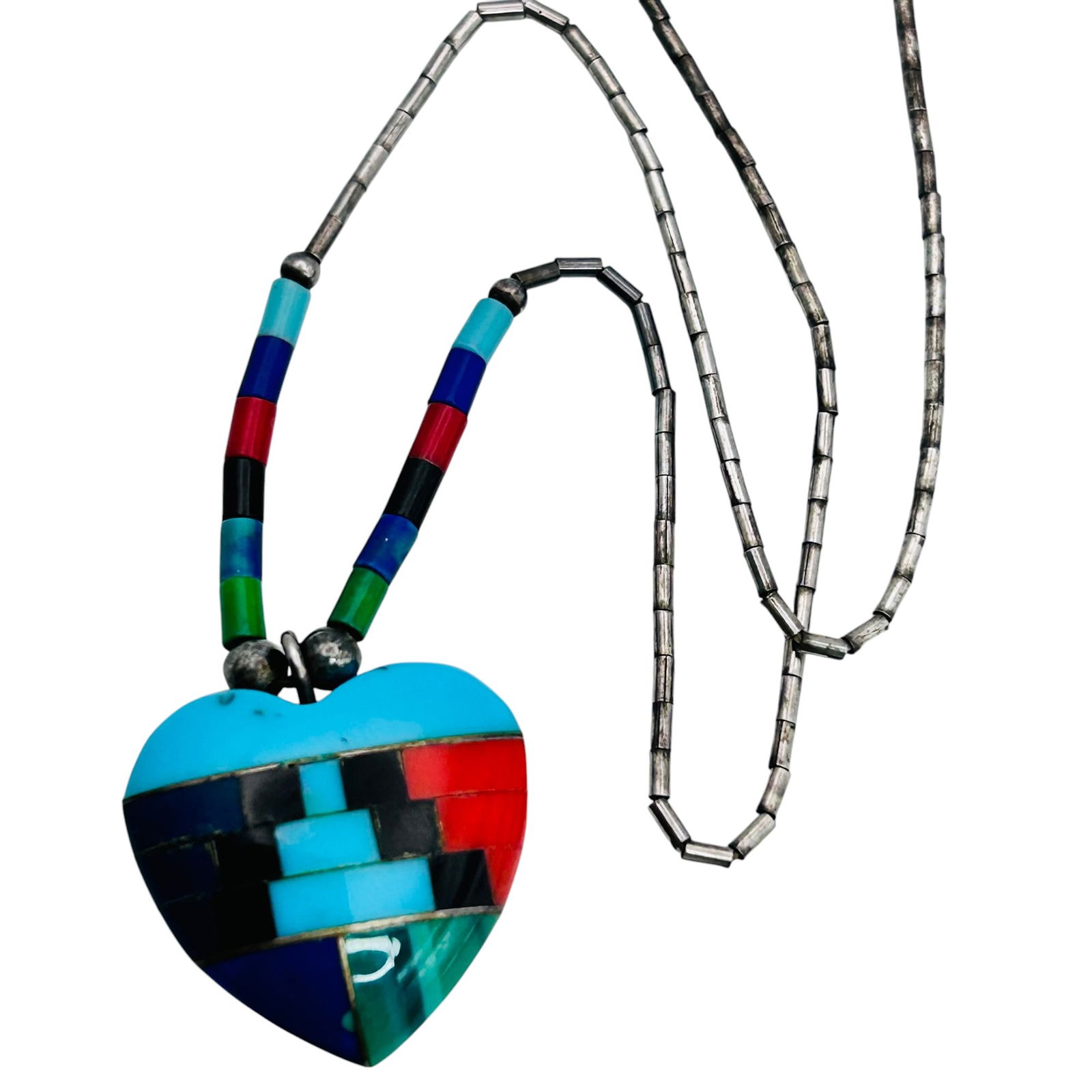 Zuni Sterling Multi Stone Heart Bar Bead Necklace 4.63 G (1 of 7)