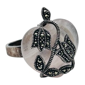 Rose Quartz Marcasite Flower Wrapped Ring Size 7.5, 12.25 G