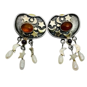 Amber, Pearl, Garnet Star And Moon Dangle Earrings 8.23 G