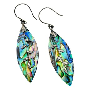 Abalone, Sterling Leaf Detailed Dangle Earrings 3.88 G