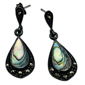 MO Abalone Marcasite Sterling Teardrop Dangle Earrings 4.16 G