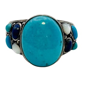Turquoise, Mother Of Pearl, Lapis Lazuli Sterling Statement Ring Size 9, 8.54 G