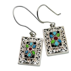 Turquoise Rectangular Sterling Dangle Earrings 5.31 G