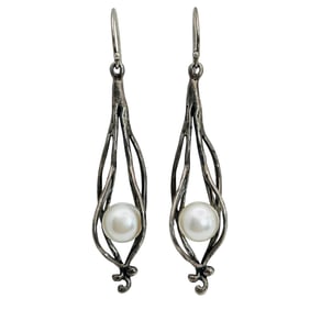 Israel, Sterling Pearl Wrapped Hook Earrings 8.26 G