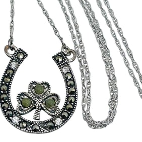 Ireland Marcasite Sterling Horseshoe Clover Pendant Rope Chain Necklace, 3.07 G
