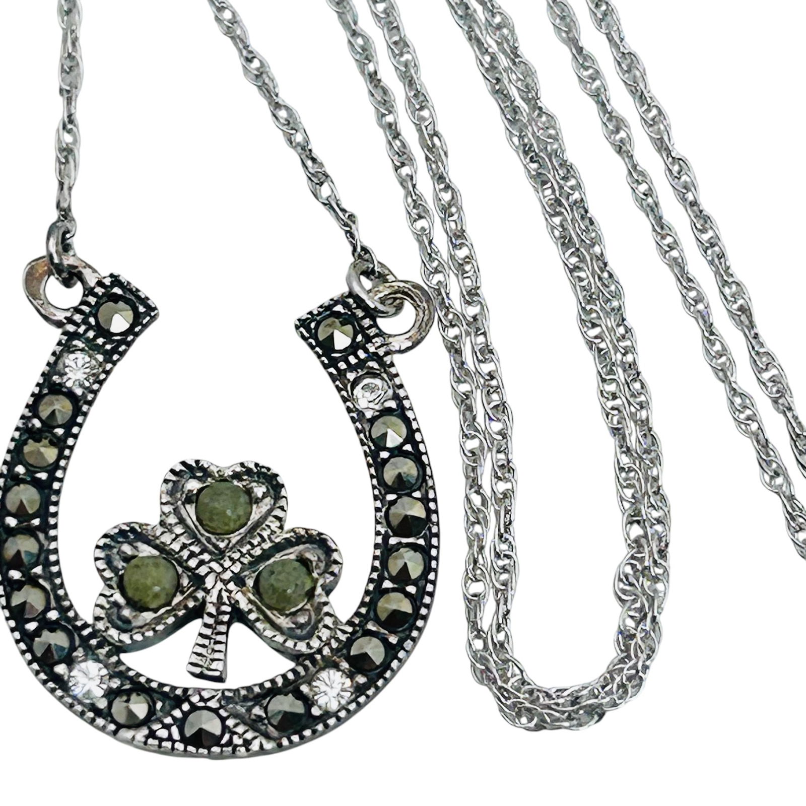 Ireland Marcasite Sterling Horseshoe Clover Pendant Rope Chain Necklace, 3.07 G: Ireland marcasite sterling horseshoe clover pendant rope chain necklace 3.07 g