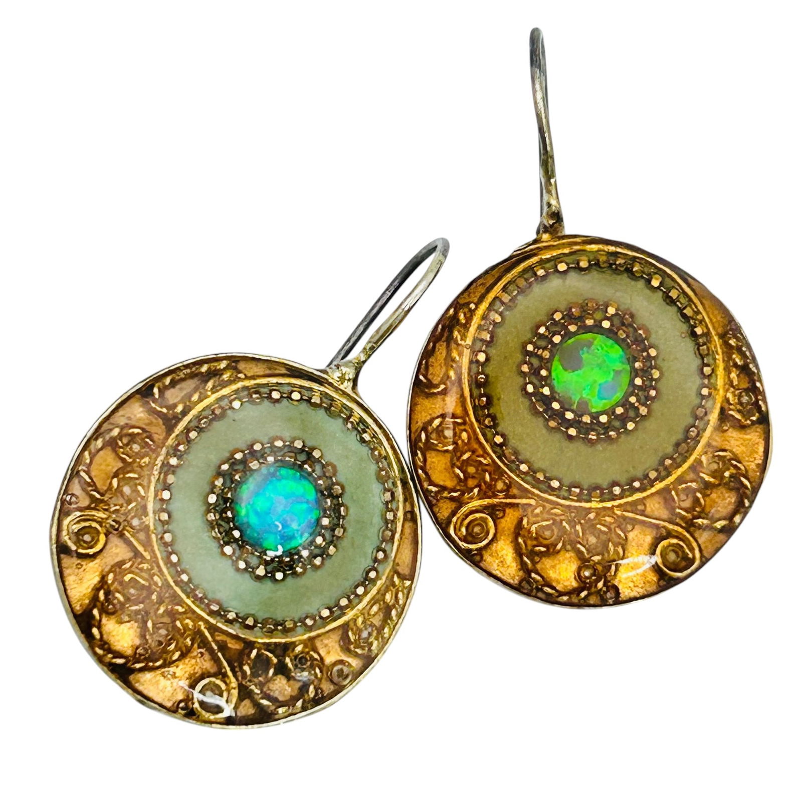Opal Sterling Signed HW Round Medallion Hook Earrings 10.15 G (1 of 5)