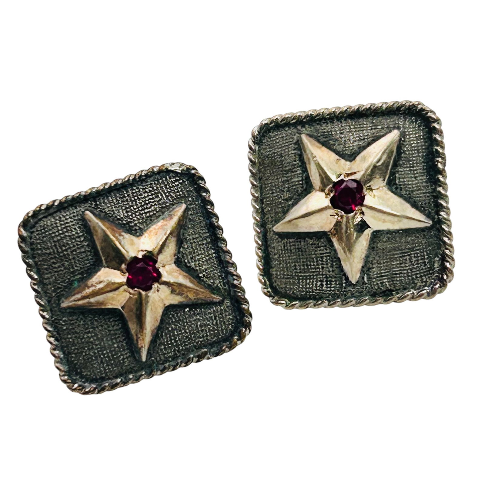 VOGT 14k GF Sterling Mexico, Red Gem Square Stud Earrings 3.9 G (1 of 5)