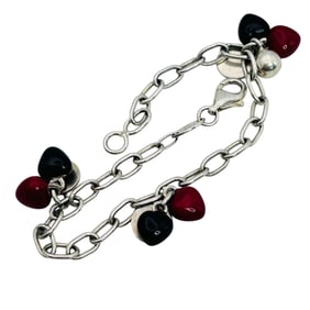 PERLINIs Italy, Sterling Cable Chain In Red And Black Bead Heart Charm Bracelet 8.95 G