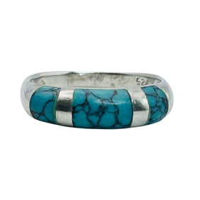 CW Sterling Carved Inlaid Turquoise Ring Size 8, 3.08 G