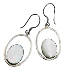 Mother Of Pearl, Sterling Oval Dangle Earrings, 3.39 G