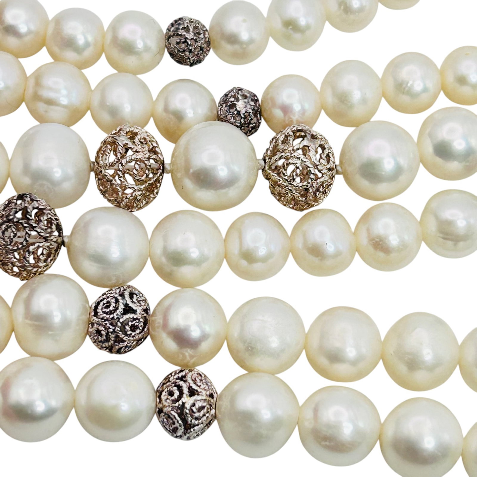 BJ Sterling Long, Pearl And Sterling Filigree Bead Necklace 108 G: BJ Sterling Long pearl and Sterling filigree bead necklace 108 g