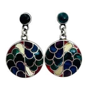 950 Silver Inlaid Stone Circle Dangle Earring 7.6 G