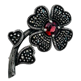 Garnet And MARCASITE Sterling Flower Pin 5.24 G