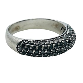 Signed JS? Black Diamond Sterling Dome Ring Size 9, 4.35 G.