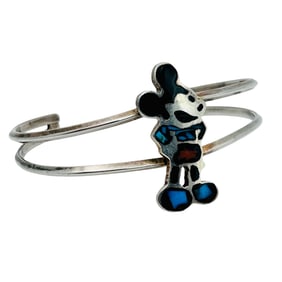 Vintage Inlay Mickey Mouse Sterling Cuff Bracelet 15.69 G